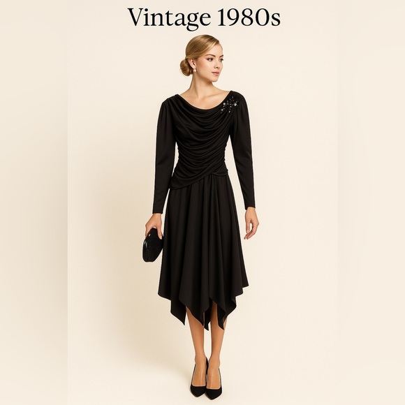 Vintage 1980s Gilberti Black Draped Evening Dress | Size 12 | Made in USA 🇺🇸 - Picture 1 of 7